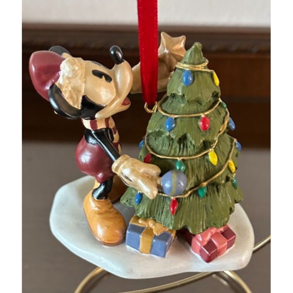 RARE Disney Mickey Mouse Decorating the Tree Christmas Ornament Faux Carved‎